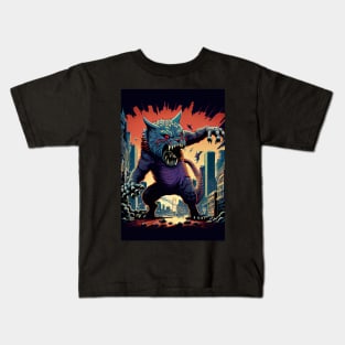 Giant Angry blue Cat attacking a city Kids T-Shirt